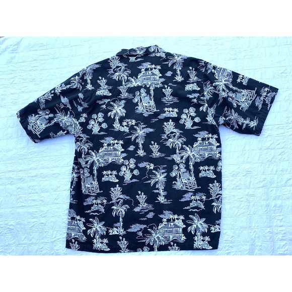 OP Sport Hawaiian Style Shirt Mens Large Navy Blue White Palm Trees - Picture 2 of 8